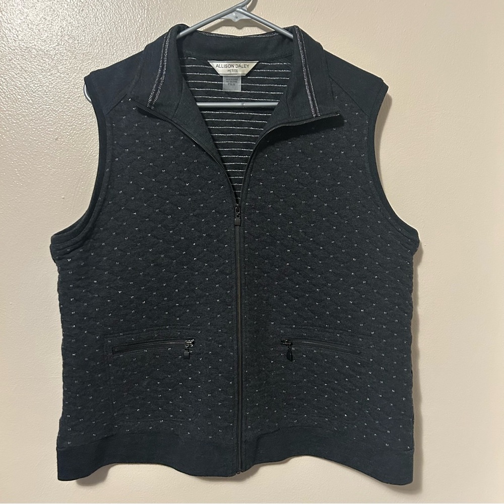Allison Daley Gray Quilted Vest with Silver Metallic Accents